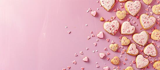 Aufkleber - Valentine s theme with heart shaped cookies on a pink surface displayed as a flat lay with copy space image for text placement