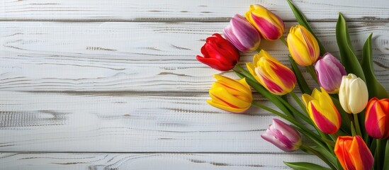 Aufkleber - Easter themed setting with a vibrant tulip bouquet arranged on a vintage white wooden surface creating a picturesque copy space image