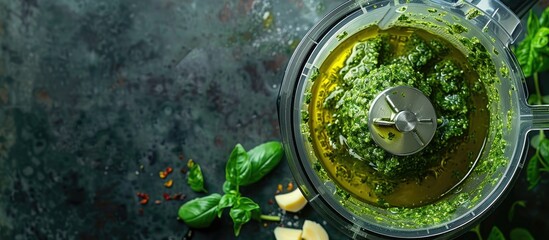 Poster - Ingredients for a green vegan pesto are being mixed in a food processor with olive oil filling the frame in the copy space image