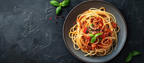 Sticker - Flat lay photograph of spaghetti bolognese with space for text or design elements. Creative banner. Copyspace image