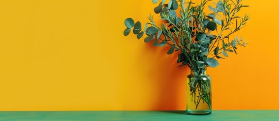 Poster - A vase with eucalyptus placed on a green table beside a yellow wall with copy space image