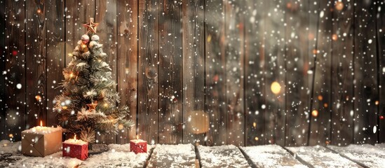Leinwandbilder - A wooden background with a festive frame featuring artificial snow creating a cozy winter ambiance wooden Christmas tree adorned with artificial snow perfect for a copy space image