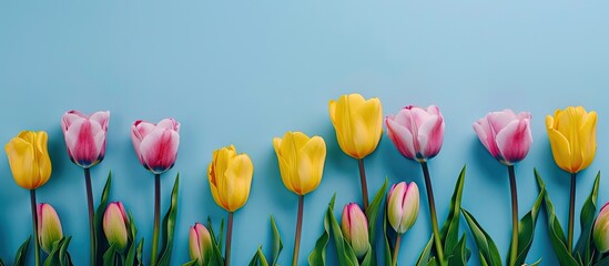 Poster - Spring banner featuring a floral frame of yellow and pink tulips against a blue backdrop with copy space image