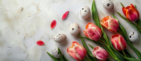 Poster - Background with tulips eggs perfect for Easter spring with abundant copy space image