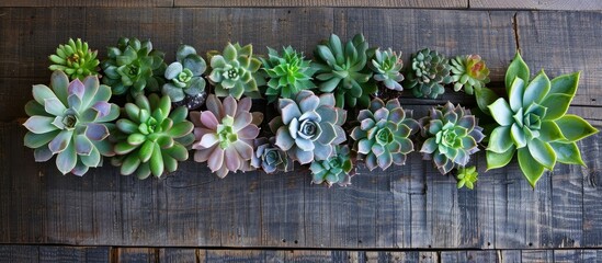 Poster - Succulents arranged neatly on a wooden surface reflecting home plant aesthetics and greenery in interior decor with room for a copy space image