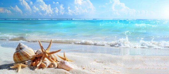 Leinwandbilder - The tranquil beach showcases white sand starfish coral reefs and lovely snail shells against a serene backdrop with copy space image