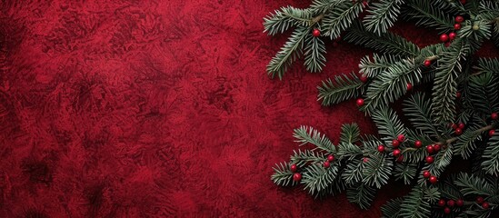 Poster - Spruce tree branches on a red velvet background creating a festive Christmas decoration setting Top down view emphasizes the card concept with ample copy space image