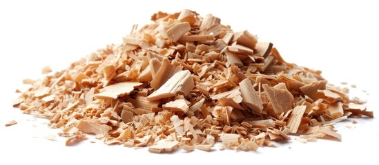 Poster - A pile of wood shavings and wood powder isolated on a white background suitable for a copy space image