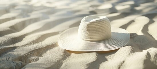 Poster - Elegant hat for women displayed on a sandy surface with a backdrop that offers space for inserting an image. Creative banner. Copyspace image