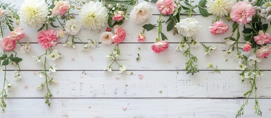 Poster - Flowers displayed on a white wooden backdrop with copy space image available