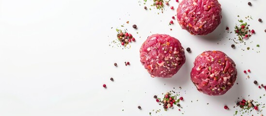 Poster - An overhead shot of homemade raw meat patties on a white background with room for text or other elements in the image. Creative banner. Copyspace image