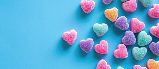 Aufkleber - Heart shaped candies on a vibrant blue backdrop with space for text or graphics top view image available. Creative banner. Copyspace image