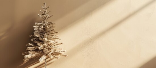 Fototapete - Gold Christmas tree casting hard shadows on a beige backdrop embodying a trendy minimalist geometric style with copy space image