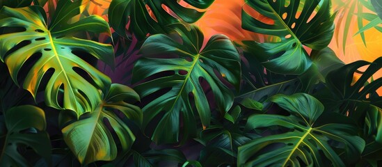 Poster - Monstera philodendron plant with green leaves in a tropical forest setting featuring abstract color patterns in the background ideal for a copy space image