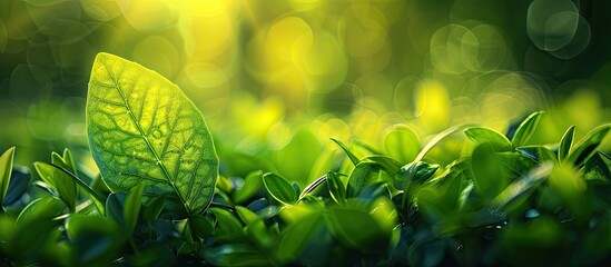 Fototapete - Green leaf with copy space image against a blurred greenery background in a garden illuminated by sunlight representing a fresh ecological landscape