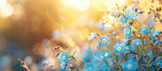 Canvas Print - Selective focus on blooming Blue Forget me nots Myosotis sylvatica Scorpion grasses in the garden with a blank area for text or images in the background copy space image