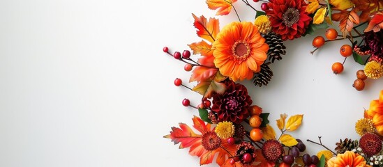 Aufkleber - A picturesque fall wreath displaying flowers berries and fruits against a white backdrop leaving room for text in the image. Creative banner. Copyspace image