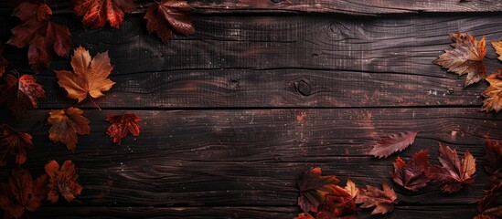 Aufkleber - Fall foliage against a rustic dark wooden backdrop depicts an antique setting with aged details and imperfections ideal for a copy space image