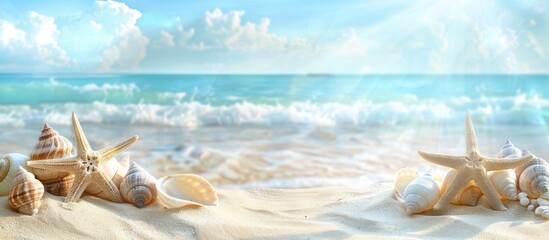 Leinwandbilder - The tranquil beach showcases white sand starfish coral reefs and lovely snail shells against a serene backdrop with copy space image