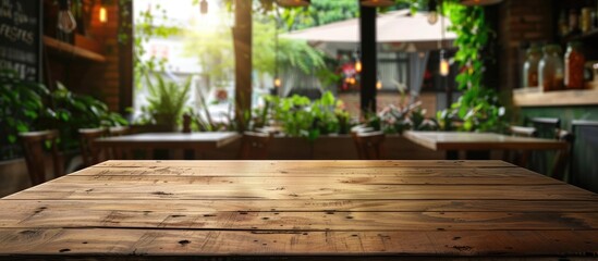 Poster - A wooden table in a modern cafe restaurant with a bright daytime ambiance visible in the background suitable for a copy space image