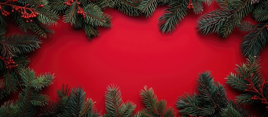 Poster - View from above of a festive red Christmas background created with green fir branches forming a frame around a central copy space image