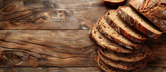 Poster - Wooden background holding sliced bread creating a copy space image