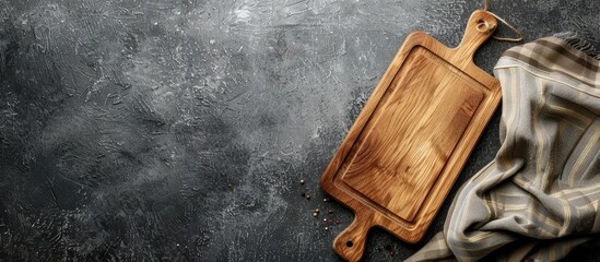 Poster - Wooden kitchen table with a cutting board a kitchen towel and a cement background for a menu food card or recipe background concept with a mockup design featuring a place for text and a copy space im