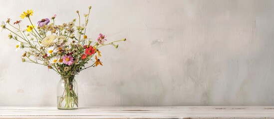 Poster - Wildflowers in a vase on a white wooden table with a copy space image