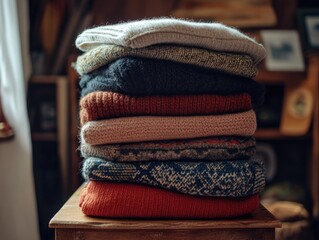 Wall Mural - Sweater Stack on Wooden Table