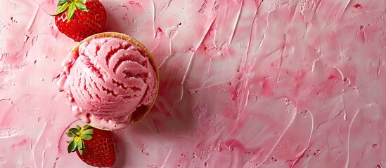Poster - Top view of strawberry ice cream with a textured background perfect for design with copy space image