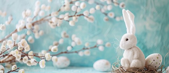 Fototapete - Easter themed backdrop featuring a white bunny decoration against a copy space image