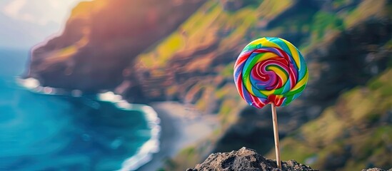 Poster - High resolution photo featuring a vibrant rainbow lollipop against a scenic natural background with copy space image