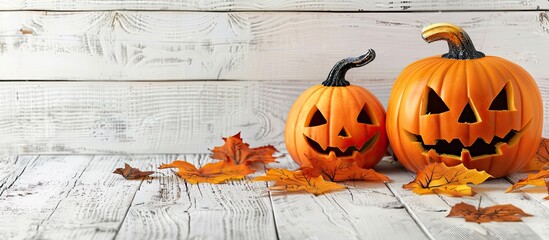 Poster - A Halloween themed image with pumpkins on a white wooden surface symbolizing autumn with space for text. Creative banner. Copyspace image