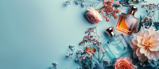 Poster - Luxury perfume bottles and flowers as decor on a light blue backdrop with copy space image