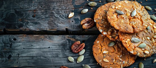 Poster - Fitness cookies with pumpkin seeds nuts on a wooden table in monochrome colors Flat lay with copy space image