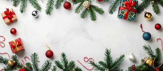 Poster - A festive Christmas backdrop featuring tree branches and colorful gift boxes and baubles on a white background complete with copy space image