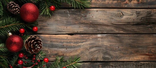 Wall Mural - Festive Christmas tree decorations set against a rustic wooden backdrop with copy space image