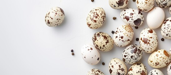 Wall Mural - Top view of uncooked quail eggs on a white background for a protein rich diet highlighting healthy food concept Flat lay with ample copy space image