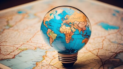 Combining education and intelligence with generative AI, a map, a lightbulb, and a global travel theme