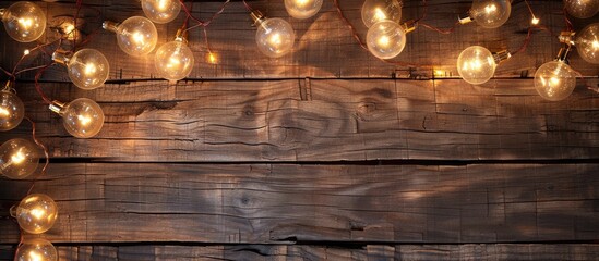 Fototapete - A festive garland of light bulbs on a wooden backdrop with room for text in a copy space image