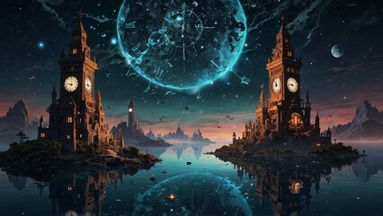 Wall Mural - A surreal dreamscape with a floating city merged with giant clocks, surrounded by hovering islands and flowing starry rivers.