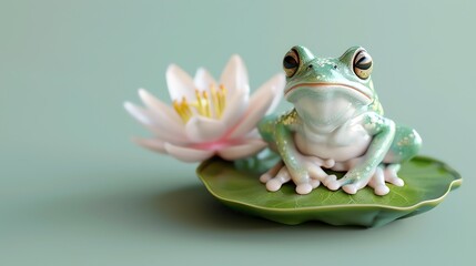 Canvas Print - A 3D rendered image of a frog sitting on a lily pad with a lily flower behind it.