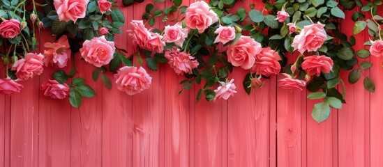Poster - Pink wooden backdrop adorned with vibrant roses and ample copy space image