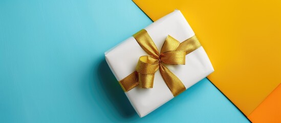 Poster - A holiday gift beautifully wrapped in white paper with a gold ribbon on a colorful background The present is displayed with copy space in a top down view