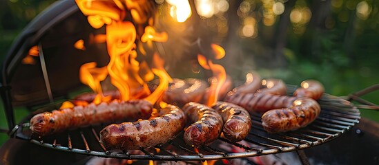 Wall Mural - Grilling sausage over an open flame in a brazier with copy space image