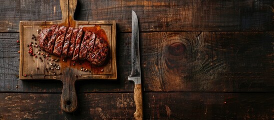 Poster - A Picanha steak on a wooden board with a butcher knife placed on a wooden background in a top view angle with ample copy space image