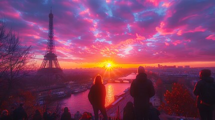 Poster - A peaceful sunset over the Eiffel Tower from Trocadéro Gardens, with soft pink and purple hues in the sky, golden light on the tower, and people enjoying the view. DSLR, wide-angle lens, vivid colors,