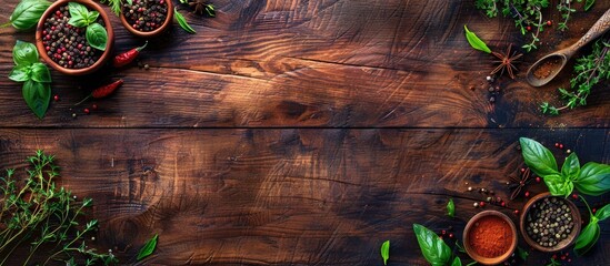 Poster - Top view of wooden table with assorted spices and herbs providing a copy space image