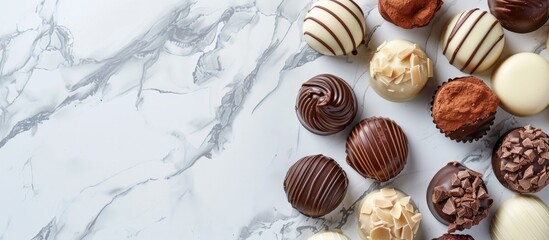 Aufkleber - Variety of luxurious chocolates in white dark and milk set against a sweet themed backdrop with a blank area for images. Creative banner. Copyspace image
