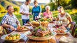 © Serjio - Familia disfrutando de una cena al aire libre en un jardín con una mesa repleta de platos sabrosos, rodeados de un paisaje natural relajante.